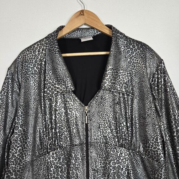 Artex Fashions Jacket Sz 2X Black Silver Metallic Animal Print Slinky Zip Up - Picture 2 of 14